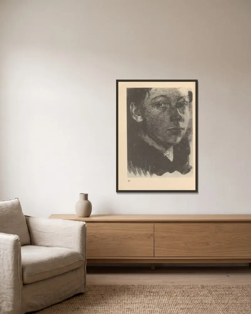 Selbstbildnis, 1925 – Nr. 17 von Käthe Kollwitz gerahmt an einer Wand
