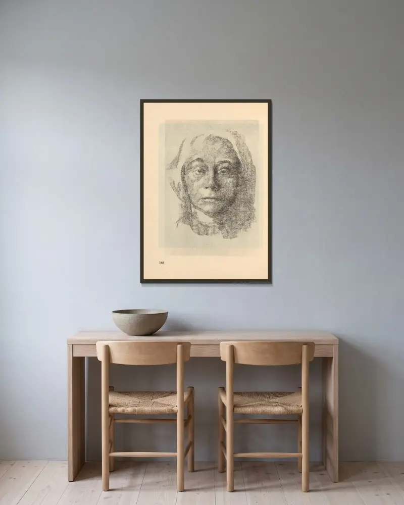 Selbstbildnis, 1925 – Nr. 7 von Käthe Kollwitz gerahmt an einer Wand