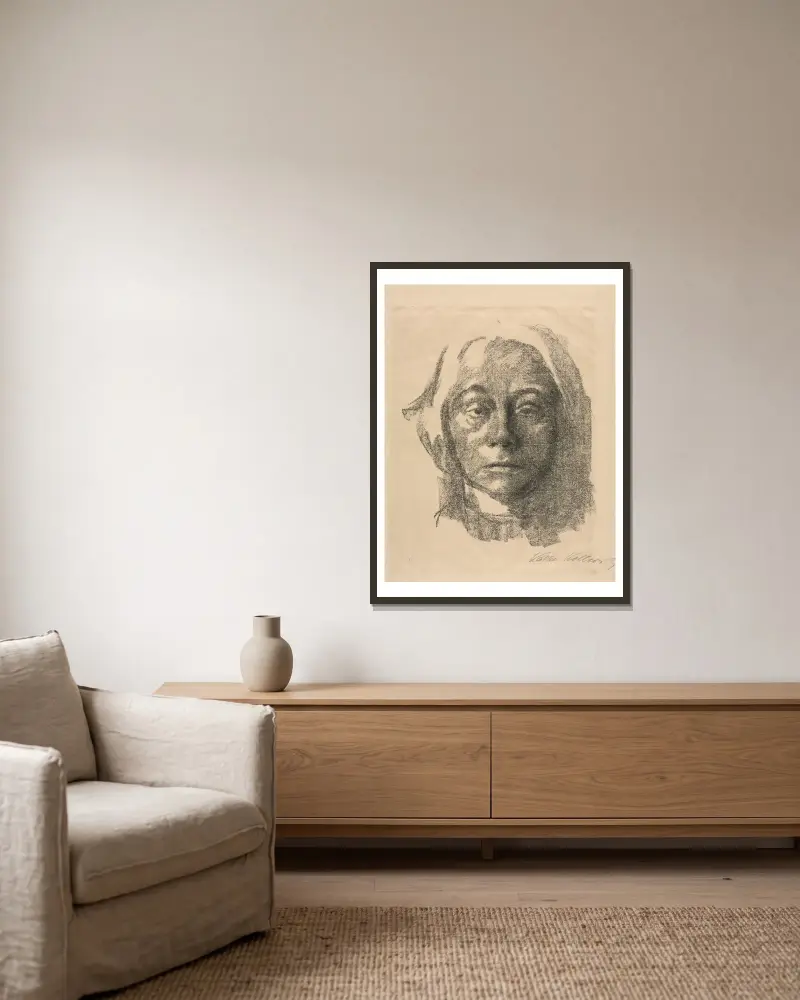 Autoportrét, 1915, Käthe Kollwitz v rámu na stěně
