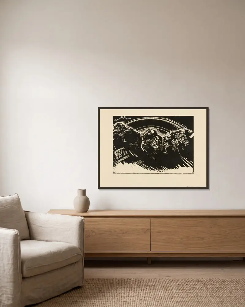 Ochotnicy, 1922, Käthe Kollwitz w ramie na ścianie
