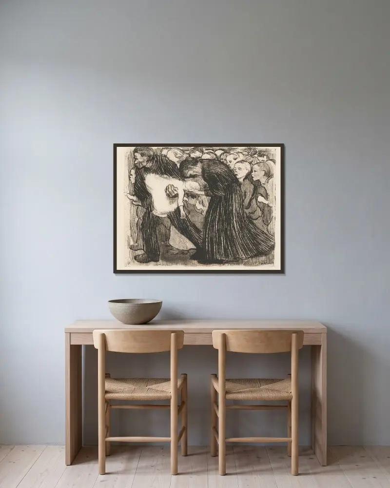 Überfahren, 1910 von Käthe Kollwitz gerahmt an einer Wand