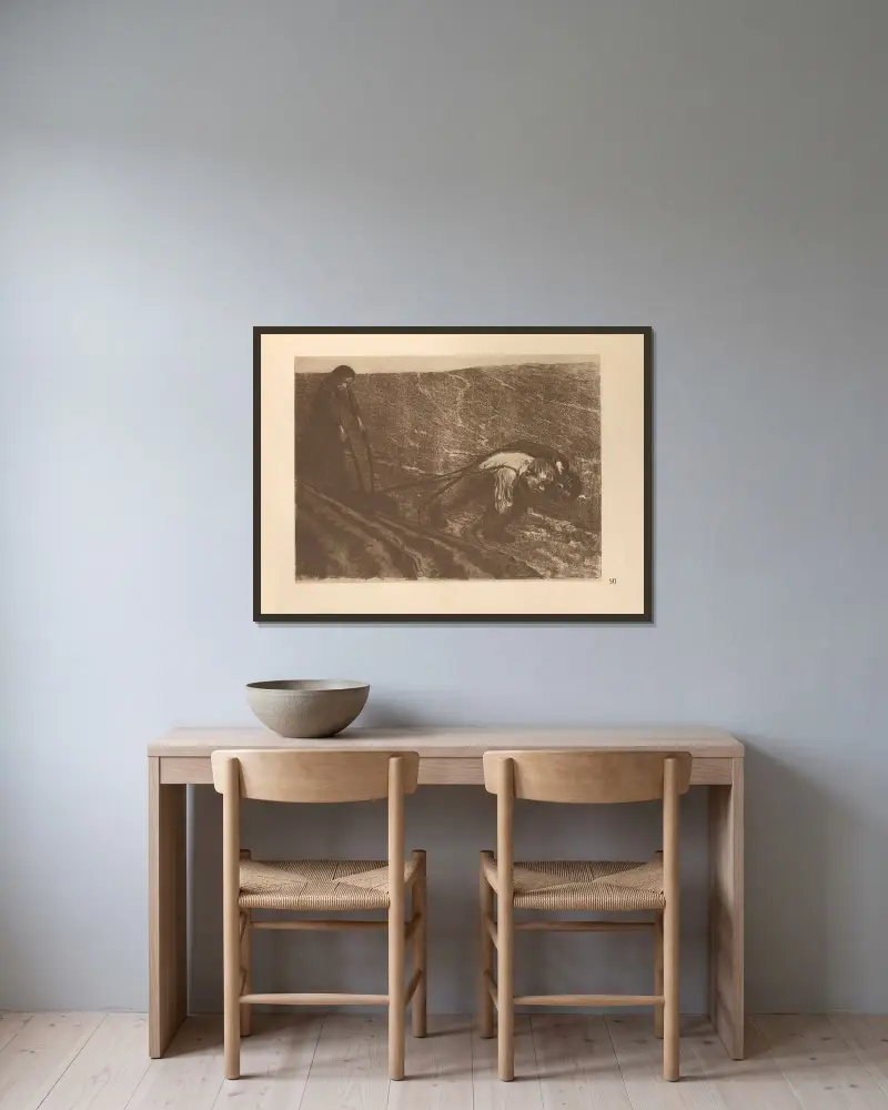 Zum ’Bauernkrieg’ gehörig, 1925 – nr 9 av Käthe Kollwitz inramad på en vägg