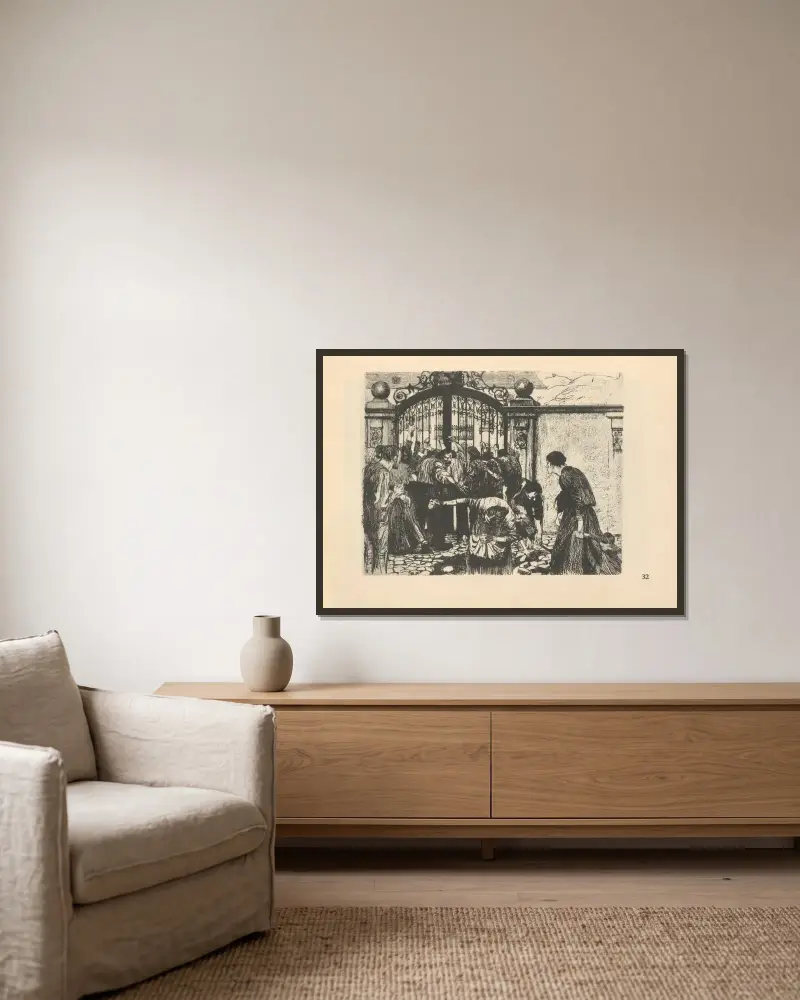 Zum ’Weberaufstand’ gehörig, 1925 – nr 13 av Käthe Kollwitz inramad på en vägg