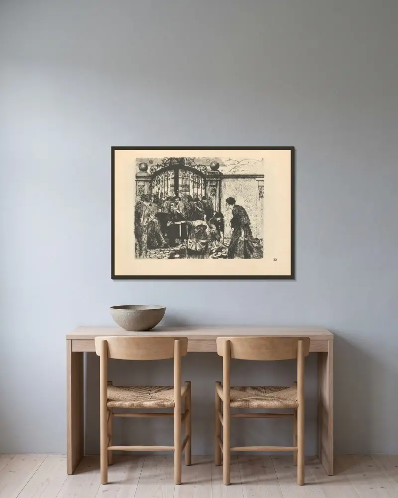 Zum ’Weberaufstand’ gehörig, 1925 – nr 13 av Käthe Kollwitz inramad på en vägg