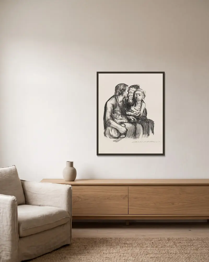 Två samspråkande kvinnor med två barn, 1930 – nr 2 av Käthe Kollwitz inramad på en vägg
