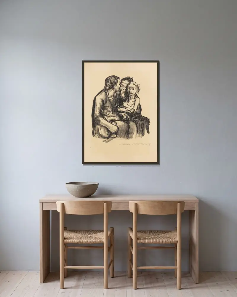 Zwei schwatzende Frauen mit zwei Kindern, 1930 – nr 1 av Käthe Kollwitz inramad på en vägg