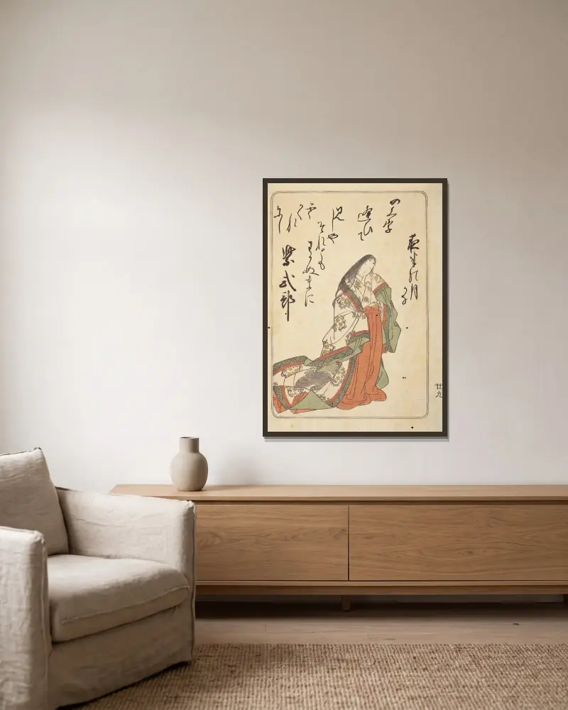 The Poetress Murasaki Shikibu from the book One Hundred Poets in Eastern Brocade Book av Katsukawa Shunshō inramad på en vägg