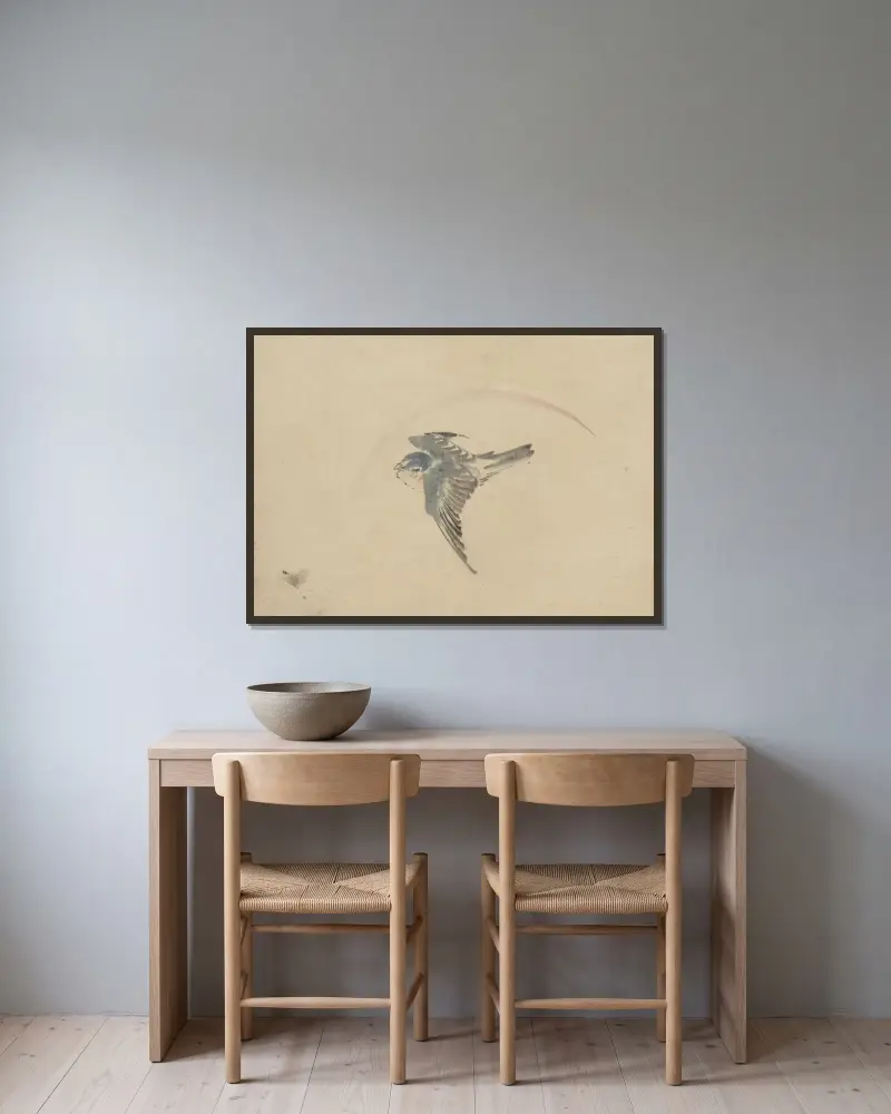 A bird flying to the left, seen from above av Katsushika Hokusai inramad på en vägg