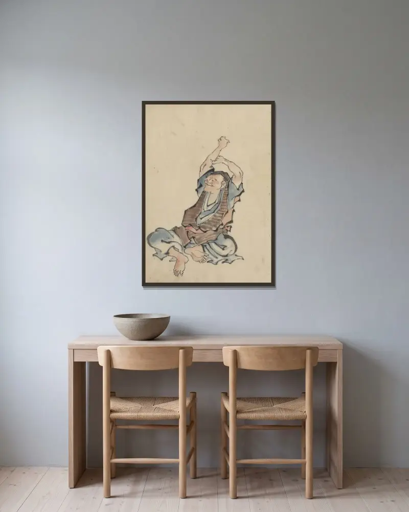 En man i yogaposition av Katsushika Hokusai inramad på en vägg