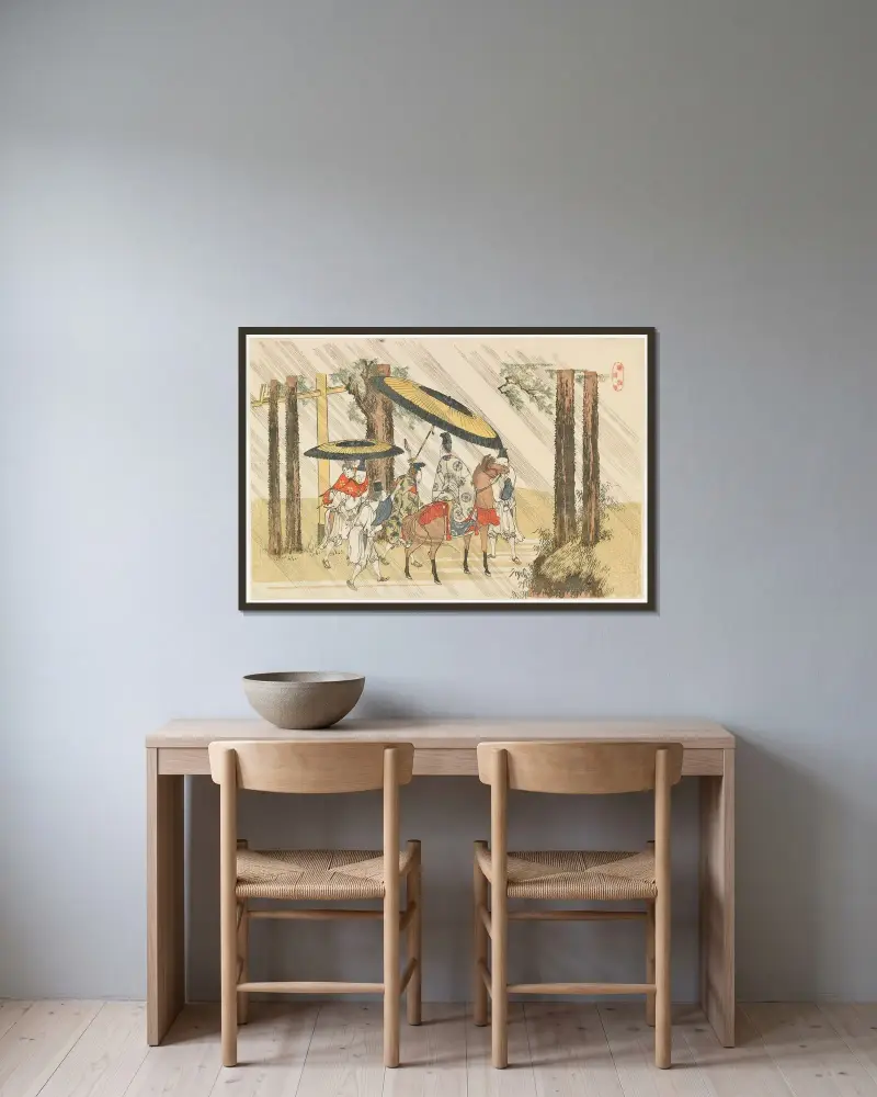 Aridōshi Shrine av Katsushika Hokusai inramad på en vägg
