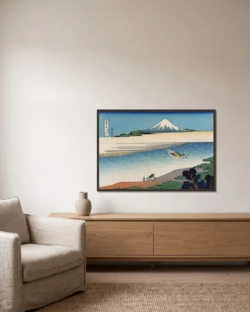 Bushū tamagawa av Katsushika Hokusai inramad på en vägg