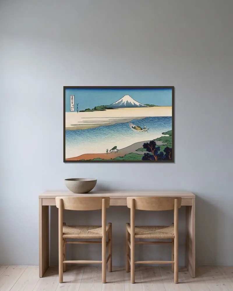 Bushū tamagawa av Katsushika Hokusai inramad på en vägg