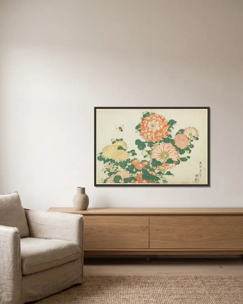 Krysantemum och hästfluga av Katsushika Hokusai inramad på en vägg