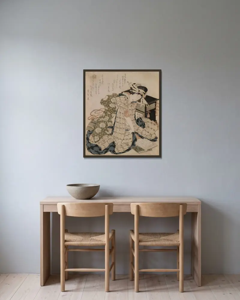 Courtesan asleep av Katsushika Hokusai inramad på en vägg