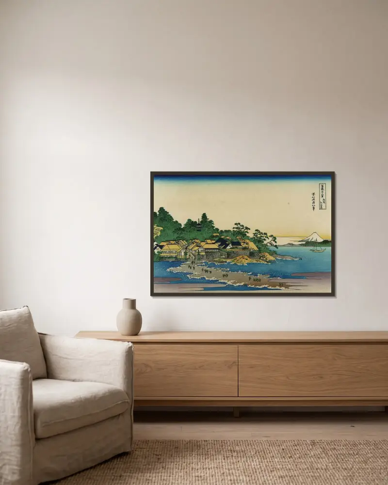 Enoshima i Sagamiprovinsen – nr 1 av Katsushika Hokusai inramad på en vägg