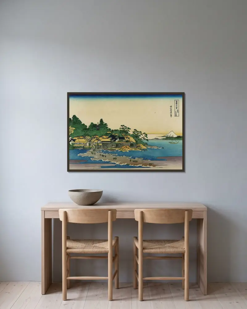 Enoshima i Sagamiprovinsen – nr 1 av Katsushika Hokusai inramad på en vägg