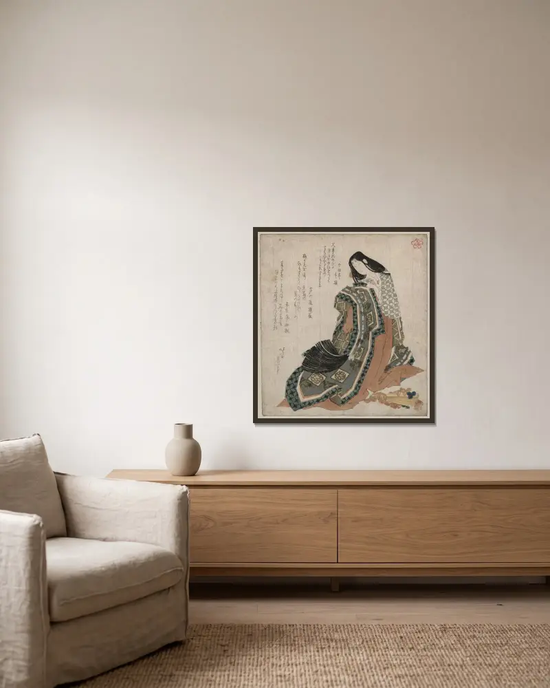 Hiōgi av Katsushika Hokusai inramad på en vägg