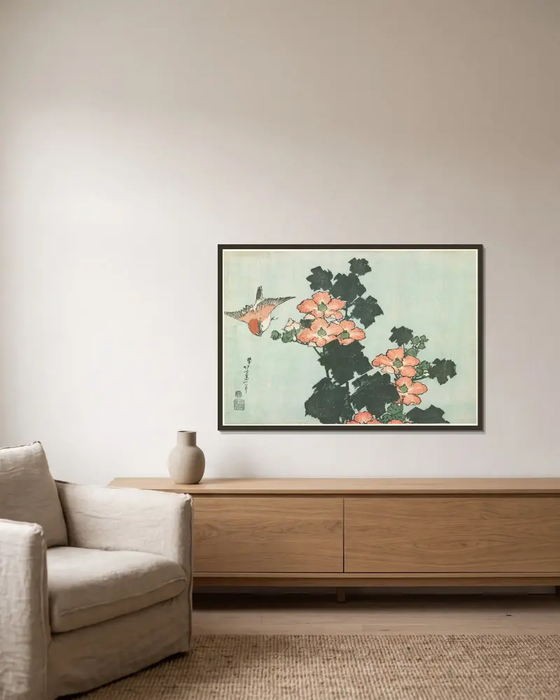 Hibiscus and Sparrow av Katsushika Hokusai inramad på en vägg