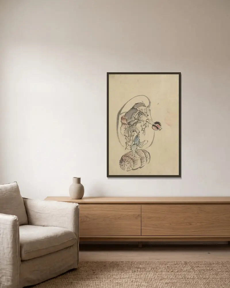 Hotei, the god of good fortune av Katsushika Hokusai inramad på en vägg