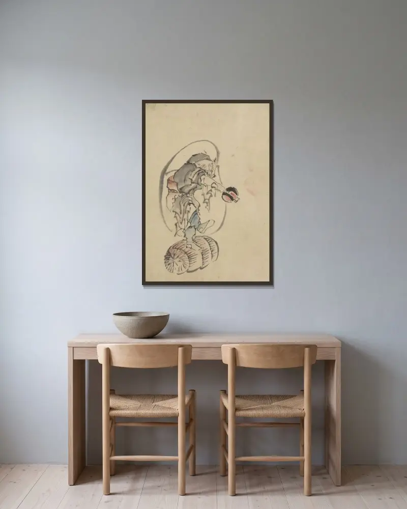 Hotei, the god of good fortune av Katsushika Hokusai inramad på en vägg