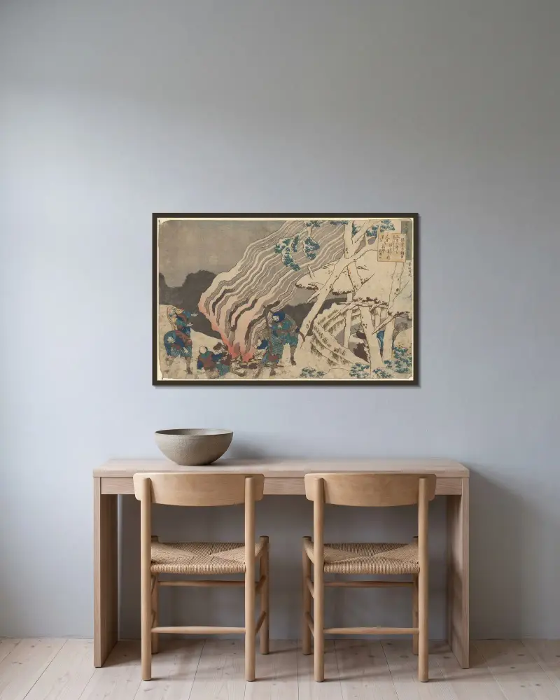 Jäger oder Waldarbeiter beim Wärmen in der Dämmerung (Minamoto no Muneo Yuki) von Katsushika Hokusai gerahmt an einer Wand