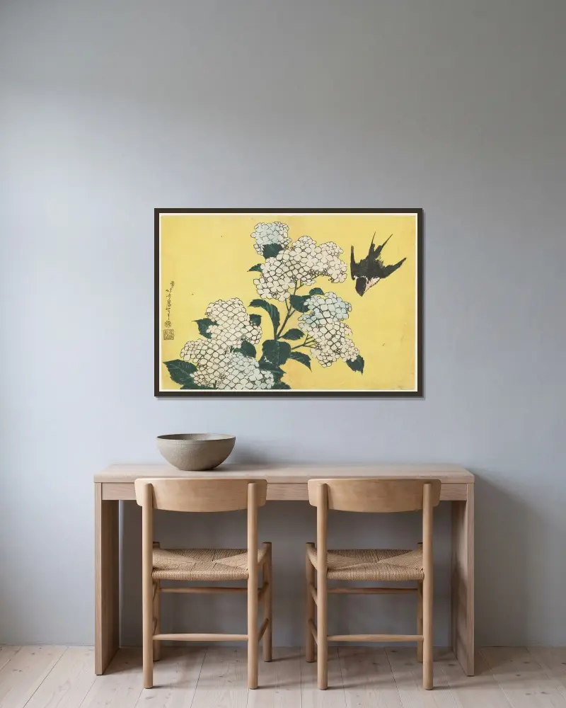 Hydrangeas and Swallow av Katsushika Hokusai inramad på en vägg