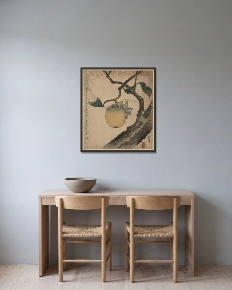 Kaki ni kirigirisu av Katsushika Hokusai inramad på en vägg