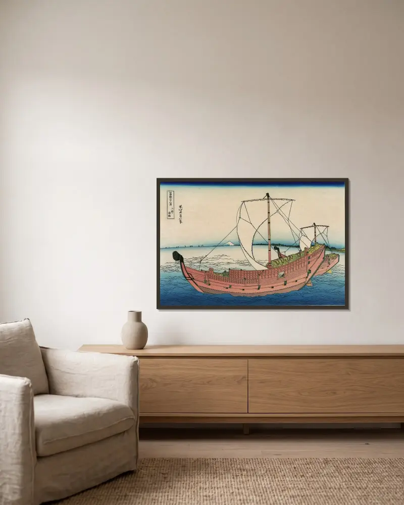 Kazusa no kairo av Katsushika Hokusai inramad på en vägg