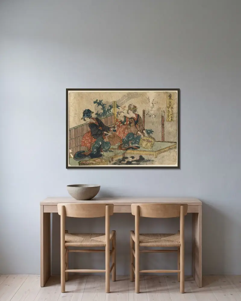 Kuwana av Katsushika Hokusai inramad på en vägg
