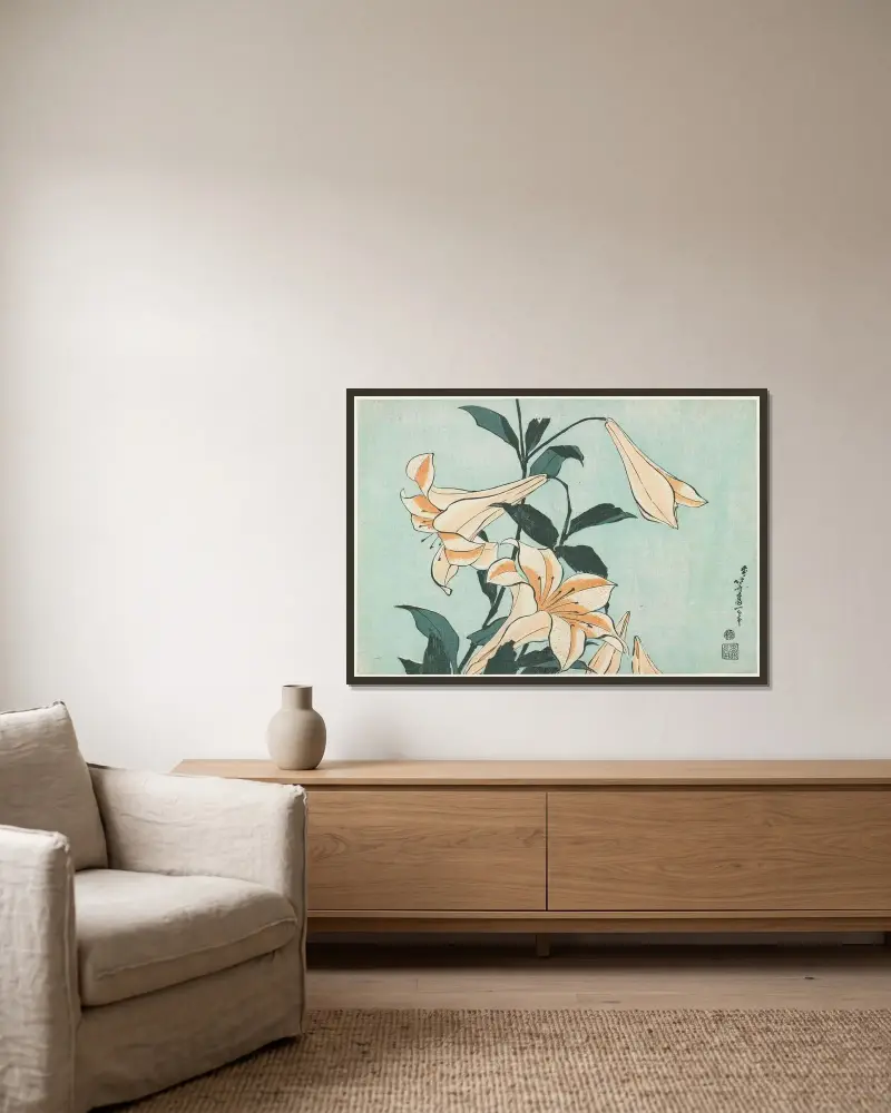 Lilies av Katsushika Hokusai inramad på en vägg