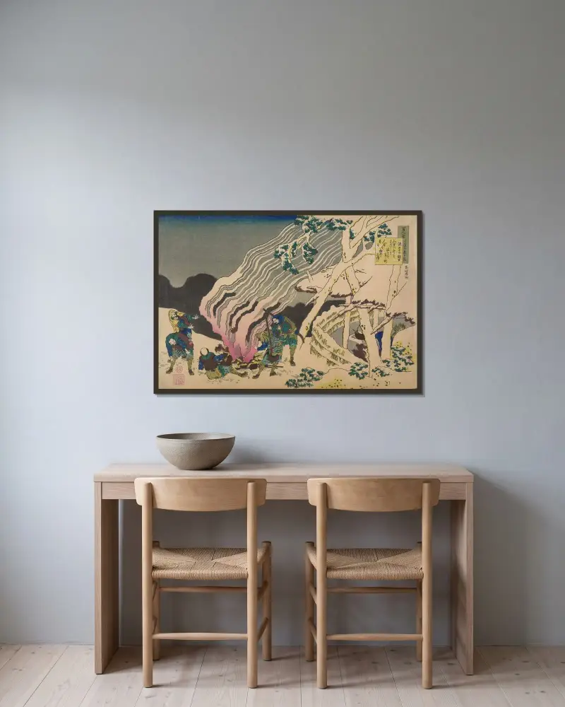 Minamoto no muneyuki ason av Katsushika Hokusai inramad på en vägg