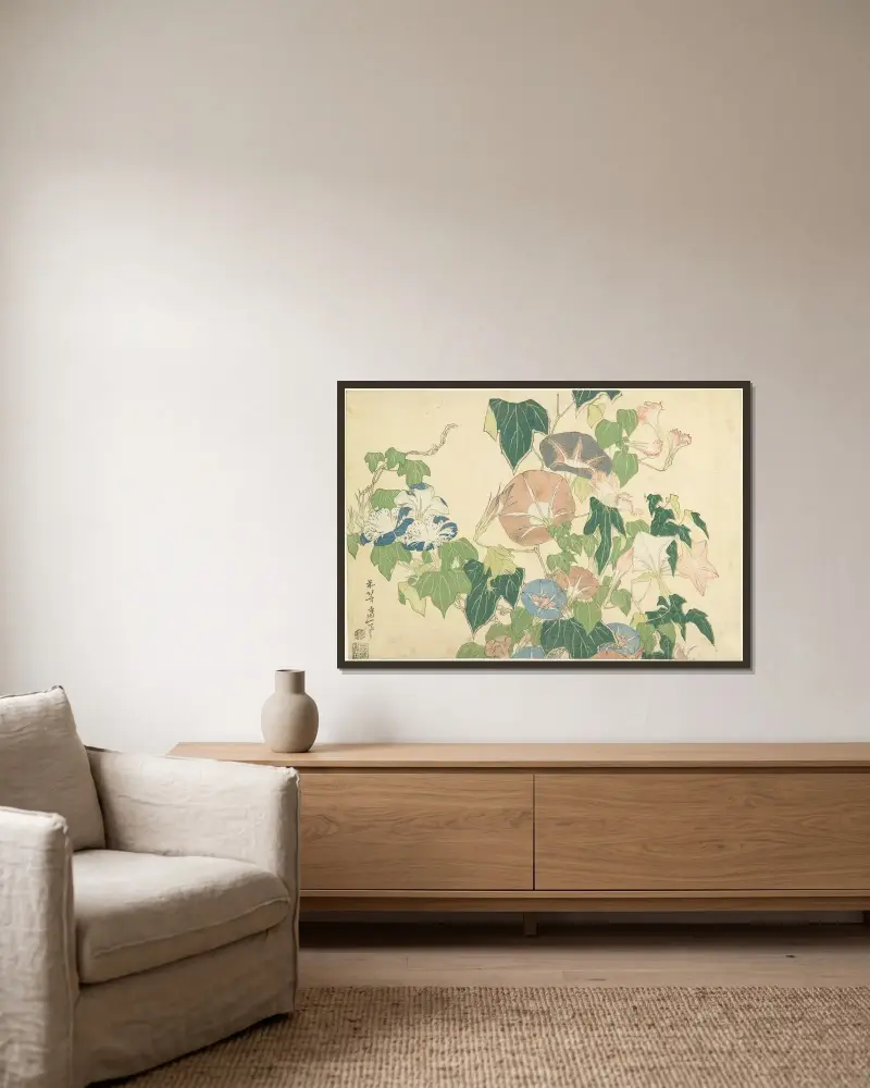 Prunkwinden und Laubfrosch von Katsushika Hokusai gerahmt an einer Wand