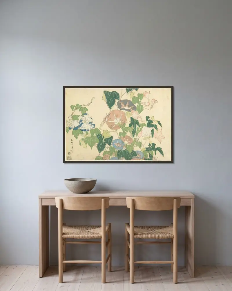 Prunkwinden und Laubfrosch von Katsushika Hokusai gerahmt an einer Wand