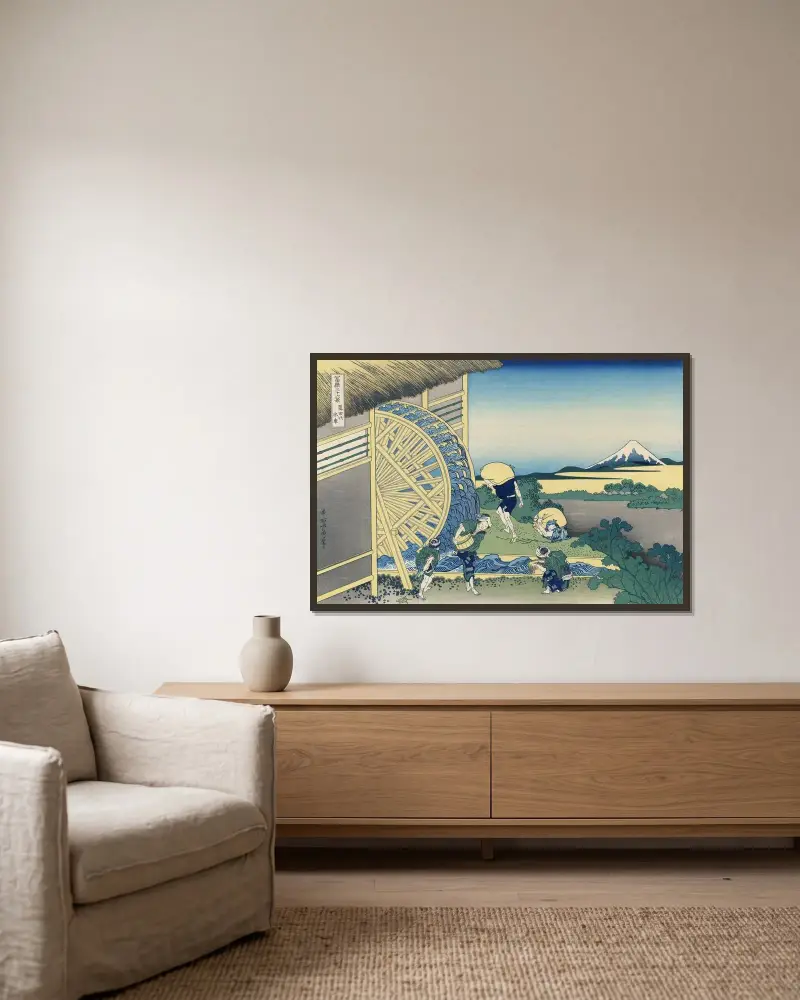 Onden no suisha av Katsushika Hokusai inramad på en vägg