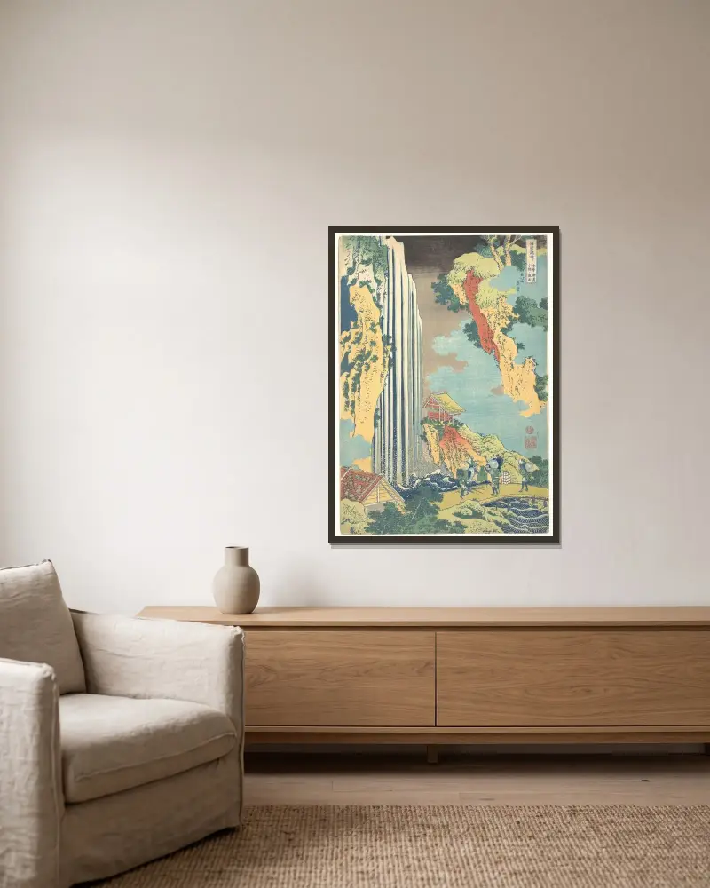 Ono Waterfall on the Kisokaidō (Kisokaidō Ono no bakufu) av Katsushika Hokusai inramad på en vägg