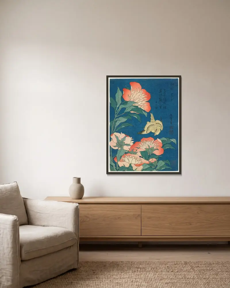 Peonies and Canary av Katsushika Hokusai inramad på en vägg