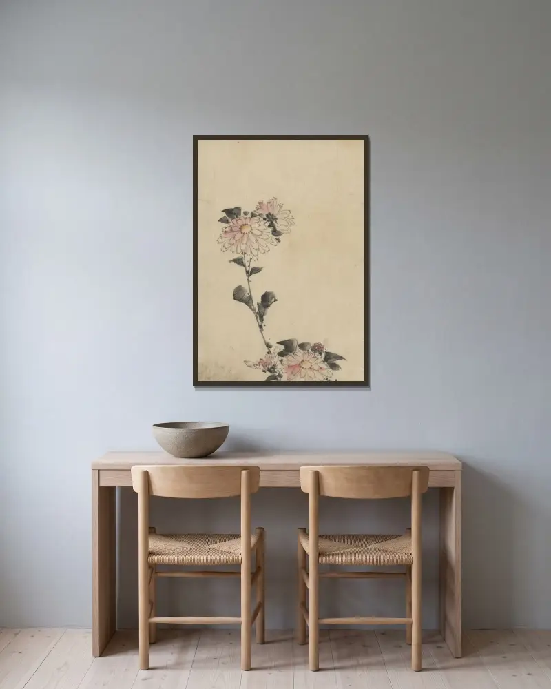 Pink flower blossoms on low stalk and two on a tall stalk av Katsushika Hokusai inramad på en vägg