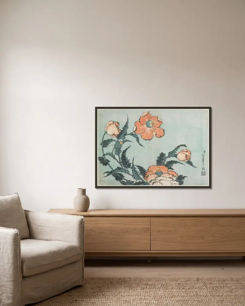 Poppies av Katsushika Hokusai inramad på en vägg