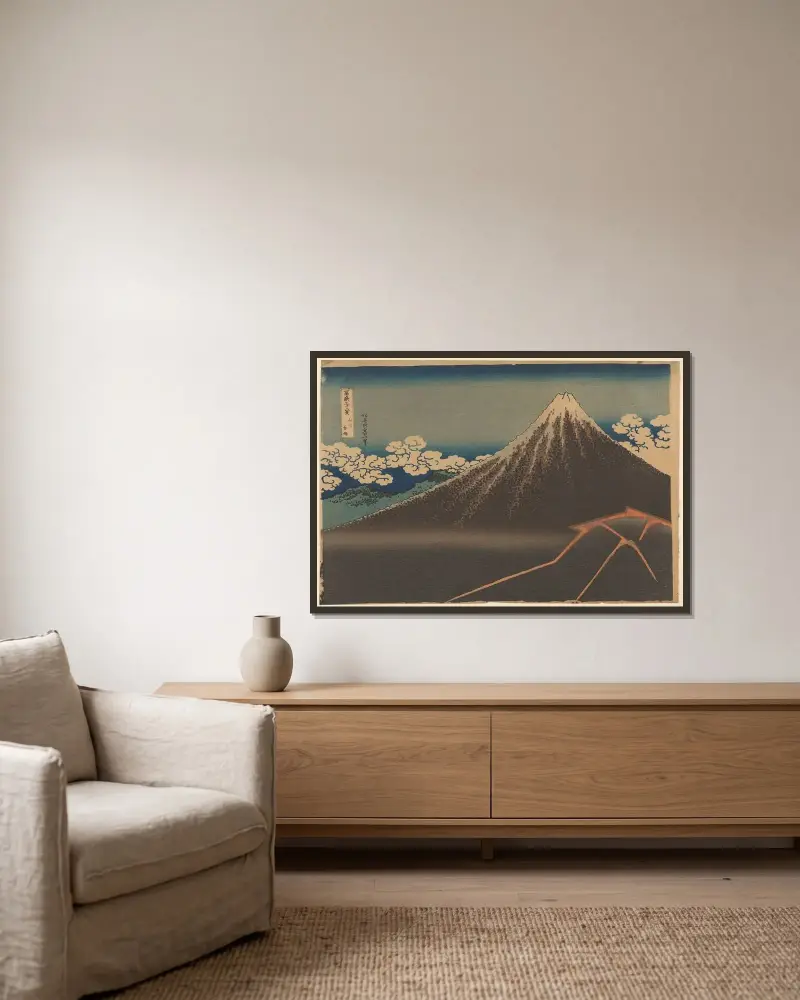 Rainstorm beneath the Summit (Sanka Haku-u) av Katsushika Hokusai inramad på en vägg