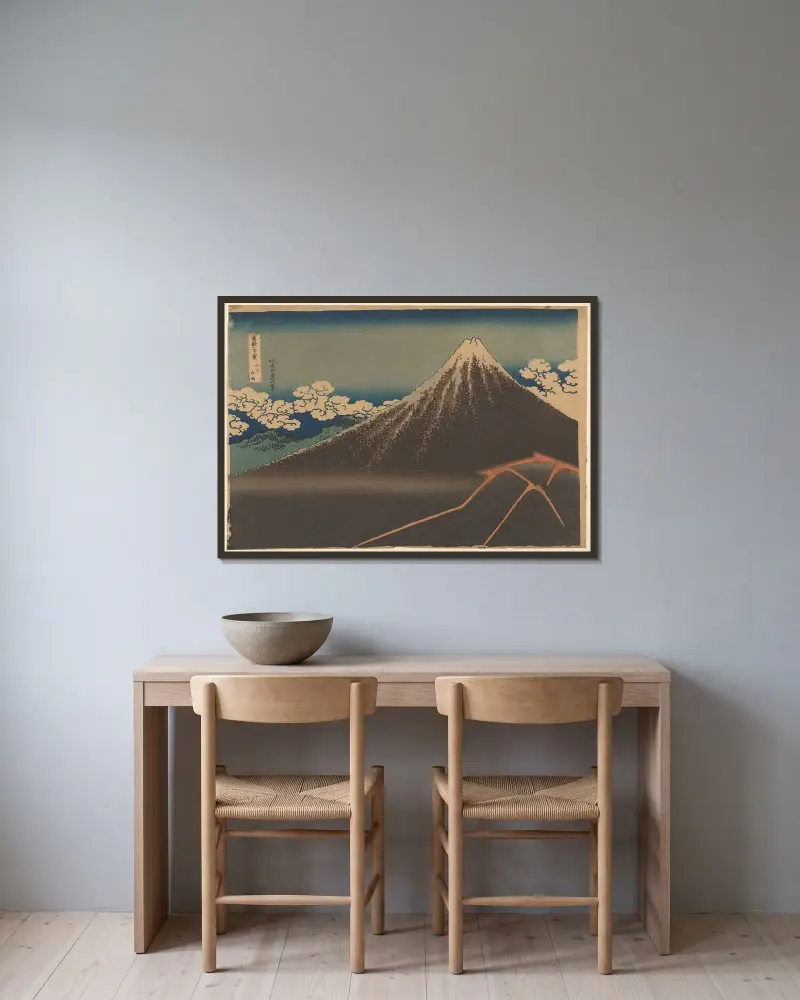 Rainstorm beneath the Summit (Sanka Haku-u) av Katsushika Hokusai inramad på en vägg