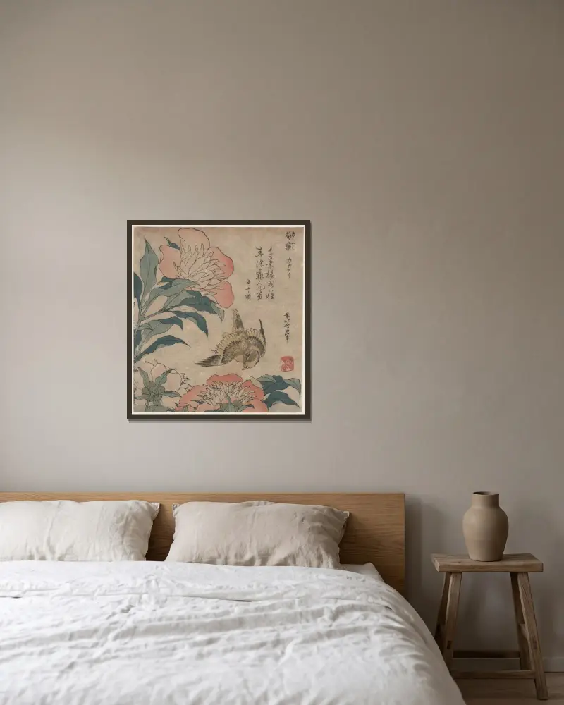 Shakuyaku kana ari, 1833 av Katsushika Hokusai inramad på en vägg
