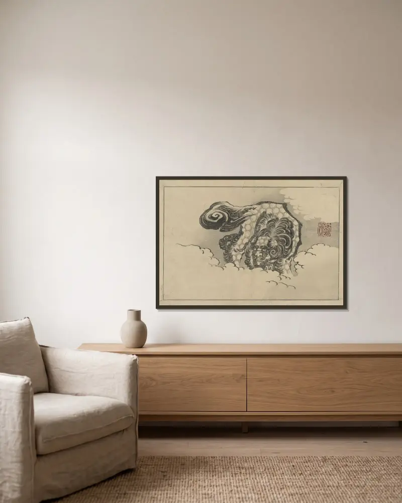 Shishi zu av Katsushika Hokusai inramad på en vägg