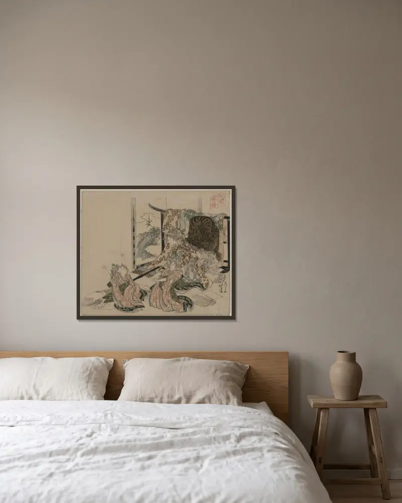 Shisui shinshō av Katsushika Hokusai inramad på en vägg