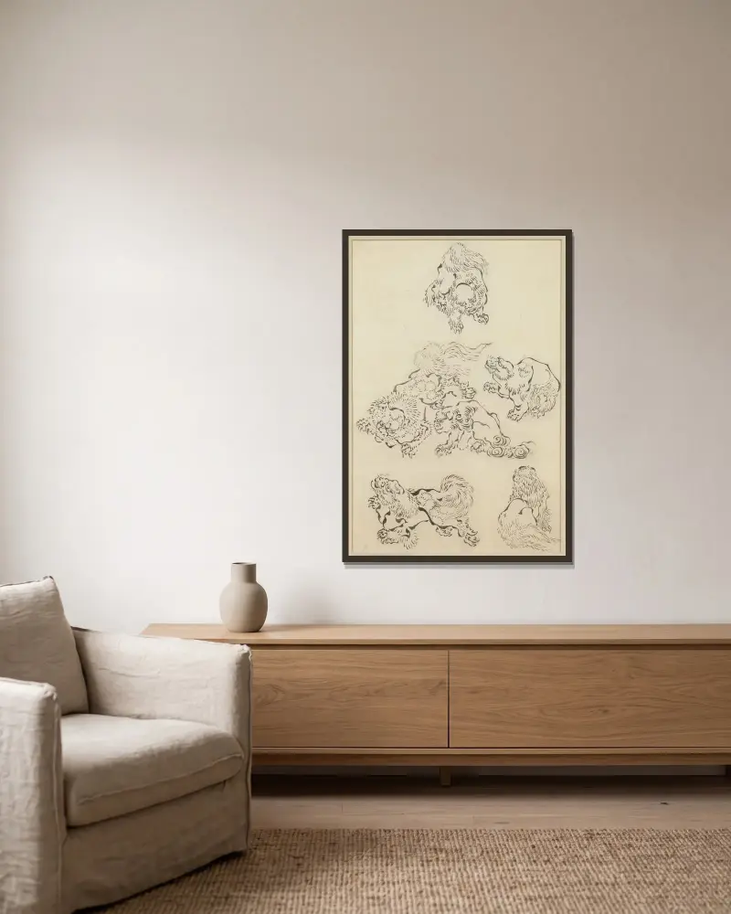 Six Lions av Katsushika Hokusai inramad på en vägg