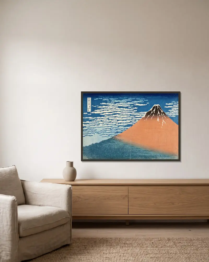 South Wind, Clear Dawn av Katsushika Hokusai inramad på en vägg