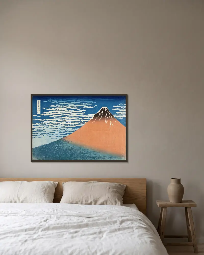 South Wind, Clear Dawn av Katsushika Hokusai inramad på en vägg