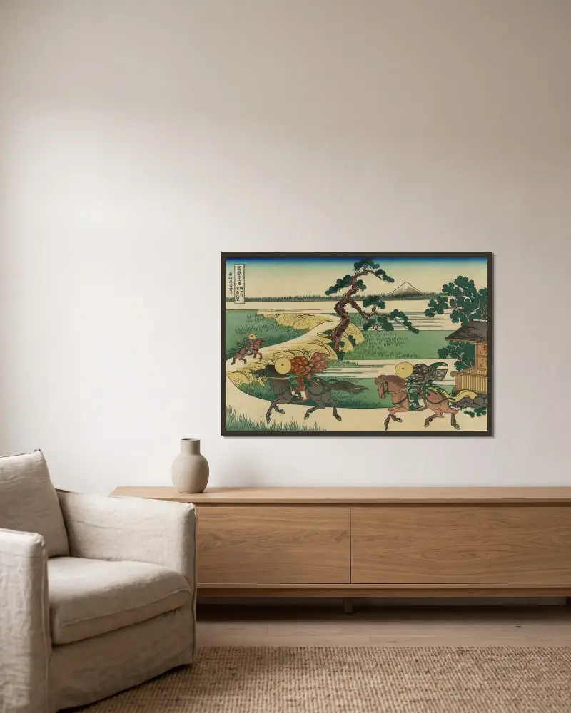 Sekiya by vid Sumidafloden av Katsushika Hokusai inramad på en vägg