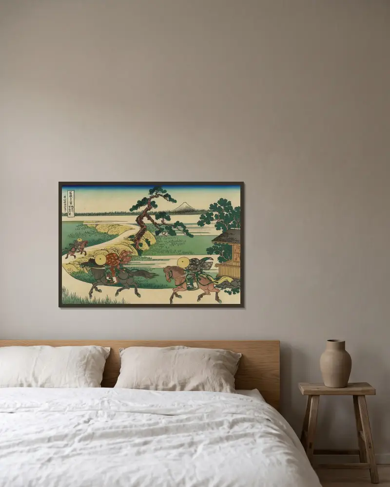 Sekiya by vid Sumidafloden av Katsushika Hokusai inramad på en vägg