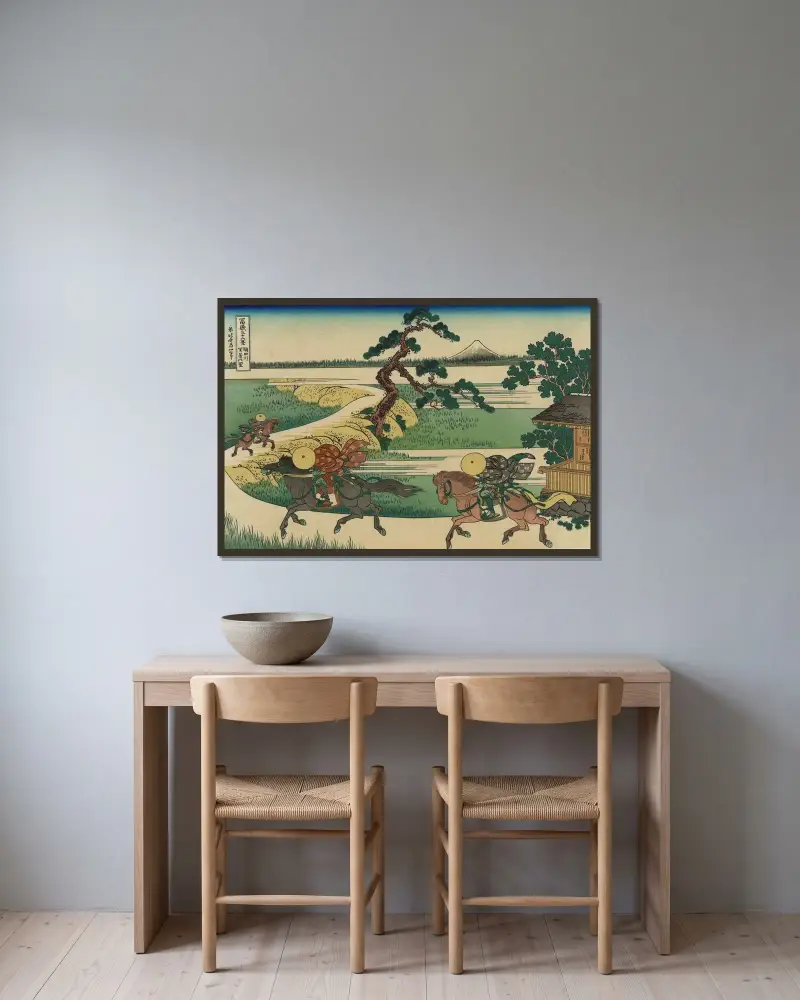 Sekiya by vid Sumidafloden av Katsushika Hokusai inramad på en vägg
