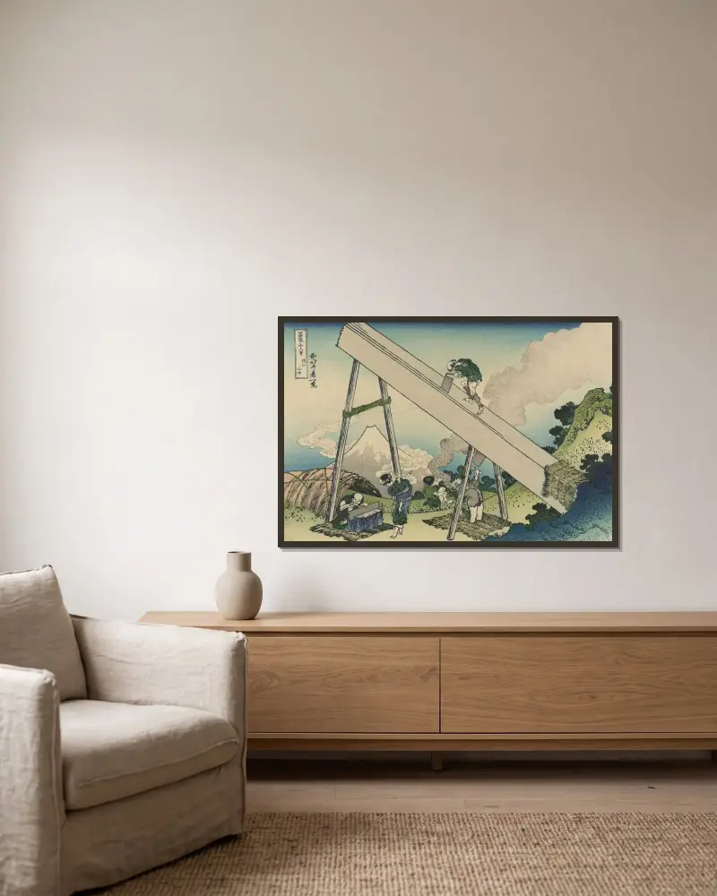 Tōtōmi sanchū av Katsushika Hokusai inramad på en vägg
